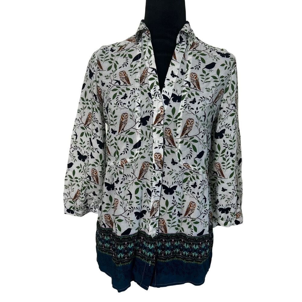 Maeve Anthropologie Blouse Owl Print Long Sleeve S Boho Cottagecore Button - Picture 2 of 10